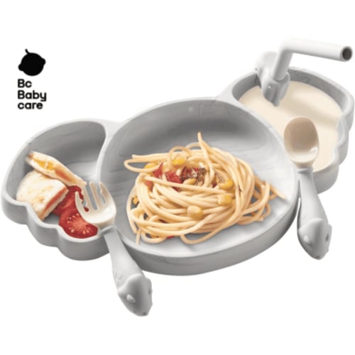 Bc Babycare Baby 3-in-1 Silicone Suction Plate Set, Koala Shape, Include Spoon, Fork and Straw, Microwave & Dishwasher Safe, 1 Count, Blue