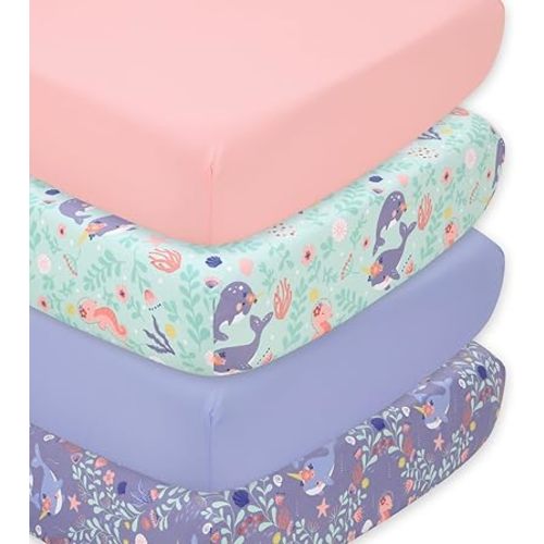 The Peanutshell 4-Pack Fitted Crib Sheet Set - Super Soft & Breathable Baby Girl Crib Sheets, Nursery Decor, Fit for Standard Crib Mattress Sheet - Ocean Girl