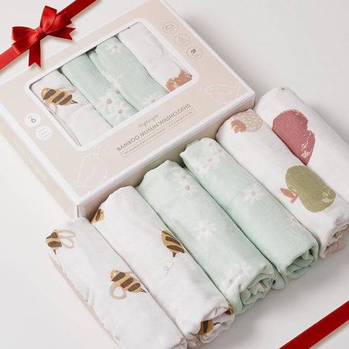 Nightingale Baby Washcloths, Organic Cotton Muslin with Rayon Made from Bamboo - Soft Burp Cloths for Newborn Sensitive Skin - 12x12 Face or Baby Towel - Bath Baby Essentials - 6 Pack (Bee)