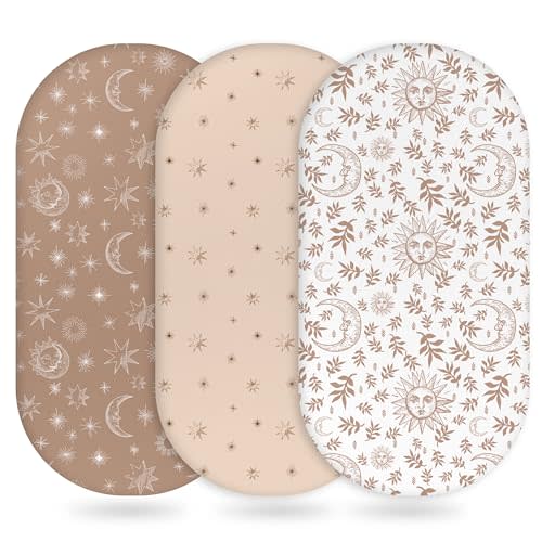 Unnivoll Baby Bassinet Sheets Girl Boy, Fitted Bassinet Sheet Set 3 Pack Bassinet Mattress Sheets Universal Fit for Rectangle, Round, Oval, Hourglass Mattress, Soft Breathable White Brown Sun God