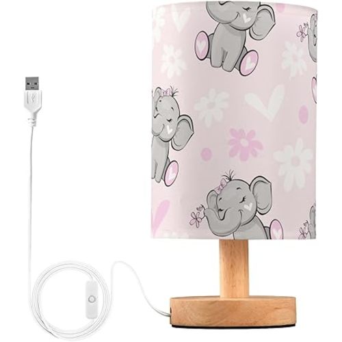 Bedside Lamp Cute Elephant Pink Flower Table Lamp for Bedroom LED Nightstand Lamp Shade USB Ports Wood Base for Living Room Dorm Office