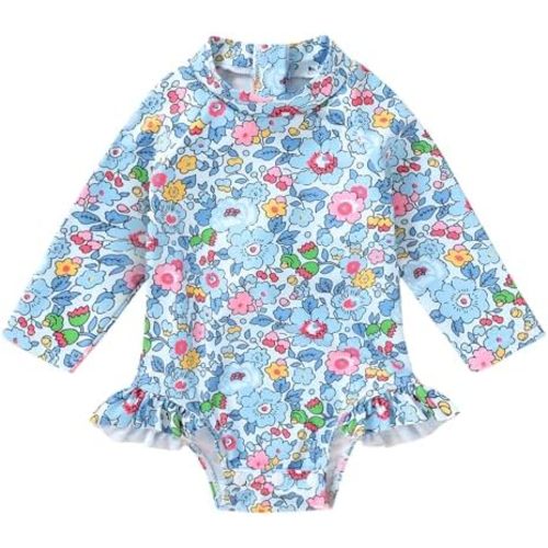 YOUNGER TREE Baby Swimsuit Girl Long Sleeve Ruffle Zipper Rash Guard Infant One Piece Swimwear Toddler Bathing Suit Girl