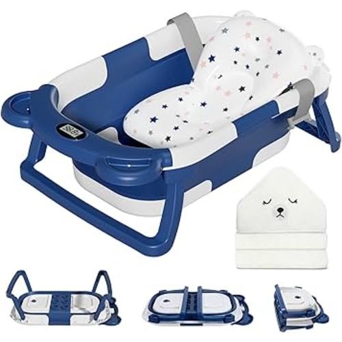 MoreFeel Collapsible Baby Bathtub for Newborn with Thermometer & 1 Soft Floating Cushion & 1 Bath Net,Portable Travel Bathtub with Drain Hole, Durable Foldable Baby Tubs for Infants to Toddler