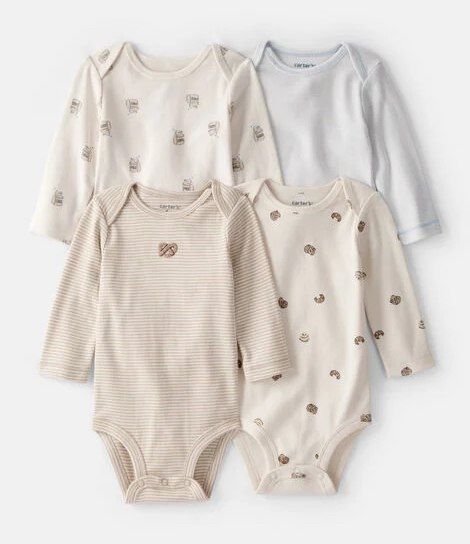 Baby 4-Pack Snack Time Long-Sleeve Multipack Bodysuits - Blue/White/Brown | Carter's