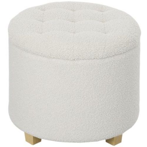 Homcom 18" Round Ottoman With Storage, Teddy Fleece Button Tufted Bedroom Stool With Removable Lid And Wood Legs For Living Room, Hallway, White