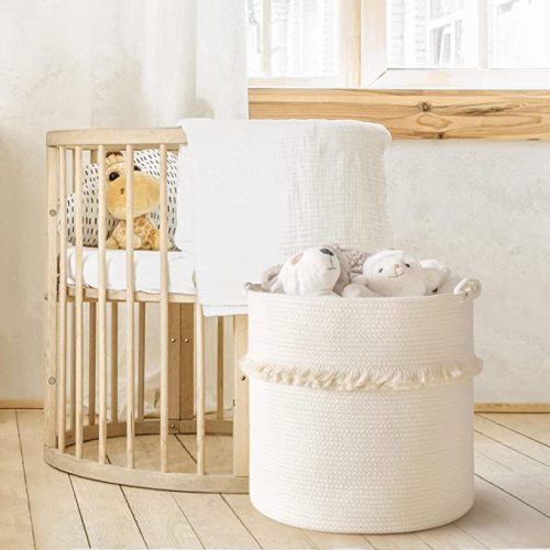 CherryNow Extra Large Woven Storage Baskets – 17'' x 16'' Cotton Rope Decorative Hamper for Magazine, Toys, Blankets, and Laundry, Cute Tassel Nursery Decor - Home Storage Container - Off-white - X-Large (Pack of 1)