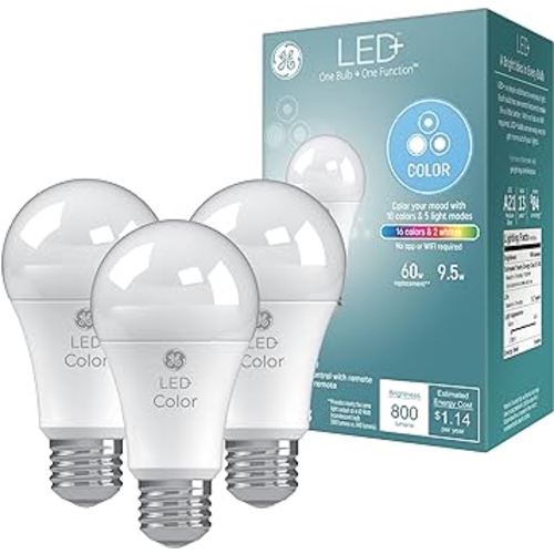 GE LED+ Color Changing LED Light Bulbs with Remote, 9.5W, No App or Wi-Fi Required, A19 (3 Pack)