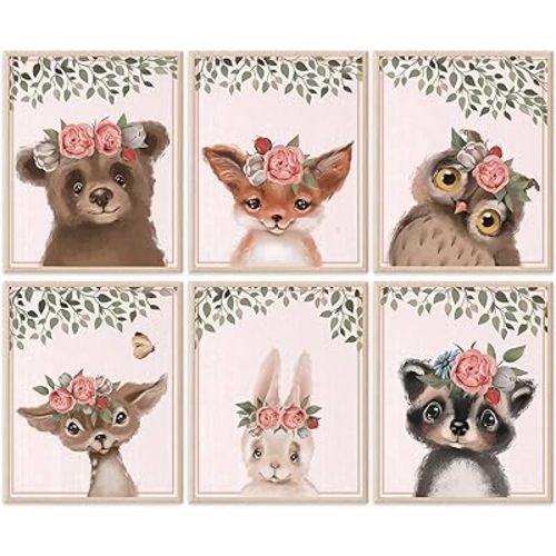 Woodland Animals Nursery Wall Art Prints (Set of 6) - Unframed - 8x10s | Set Includes Bear, Fox, Owl, Deer, Bunny Rabbit, and Raccoon wearing Floral Crowns
