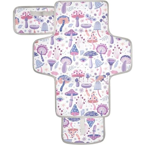 Portable Changing Pad for Baby - Purple Magic Mushrooms Waterproof Diaper Changing Mat Travel Changing Pad with Built-in Pillow - Shower Gift for Baby
