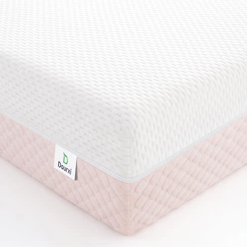 Dourxi Crib Mattress, Dual Sided Comfort Memory Foam Toddler Bed Mattress, Triple-Layer Breathable Premium Baby Mattress for Infant and Toddler w/Removable Outer Cover - White&Pink