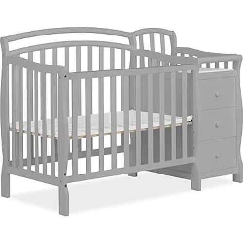 Dream On Me Casco 3-in-1 Mini Convertible Baby Crib & Changer with Storage, Pebble Grey, Pinewood, GreenGuard Gold & JPMA, 1” Mattress Pad, 3 Levels, Converts to Mini Day & Twin-Size Bed (Add On Rail)