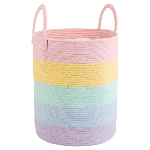 DIY. STORE Rainbow Rope Woven Basket, Boho Rope Woven Laundry Hamper for Clothes, Toys, Towels, Blankets, Stuffed Animal Organizer