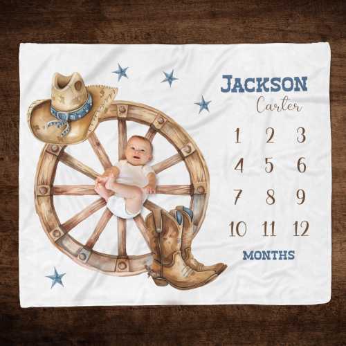 COWBOY MILESTONE BLANKET Baby Boy Western Growth Blanket, Baby Month Blanket Cowboy Boots Hat, Personalized Cowboy Baby Gift Custom Keepsake