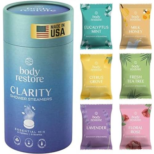Body Restore Shower Steamers Aromatherapy 6 Pack, Relaxation Birthday Gifts for Women and Men, Travel Essentials, Stress Relief and Self Care - Variety