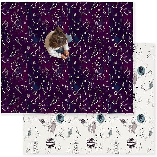 JumpOff Jo Baby Play Mat - Large Folding Foam Play Mat for Infants, Babies, Toddlers, Waterproof, Double-Sided (70" x 59") - Pink Space Bears