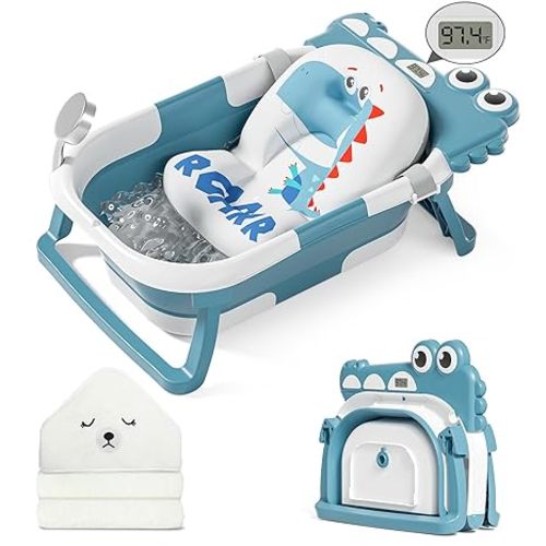 Collapsible Baby Bathtub for Newborn with Thermometer & 1 Hooded Towel & 1 Soft Floating Cushion,Portable Travel Bathtub with Drain Hole, Durable Foldable Baby Tubs for Infants to Toddler - Alligator like - Blue
