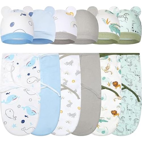 Ramede 6 Pack Baby Swaddle Blanket with Hats Sleep Swaddle for 0-3 Months Newborn Sacks Soft Cotton Wearable for Boy Girl