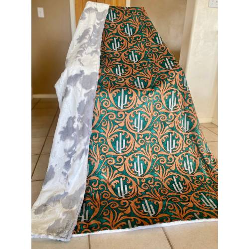 Turquoise Tooled Leather & Cactus Minky Blanket