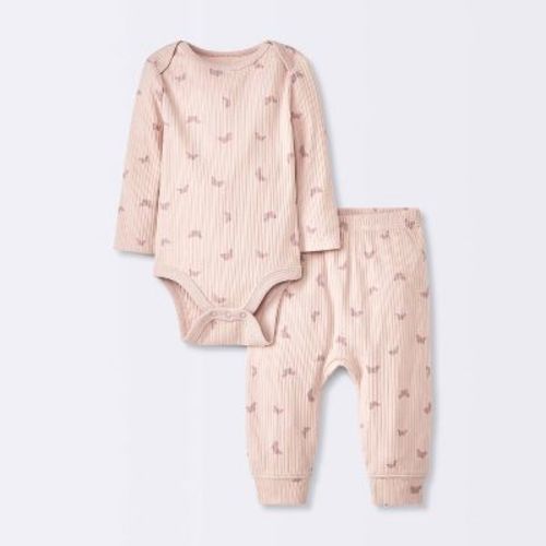 Baby Girls' 2pc Butterflies Wide Ribbed Top & Bottom Set - Cloud Island™ Pink 3-6M: Cotton Long Sleeve Bodysuit & Pull-On Pants