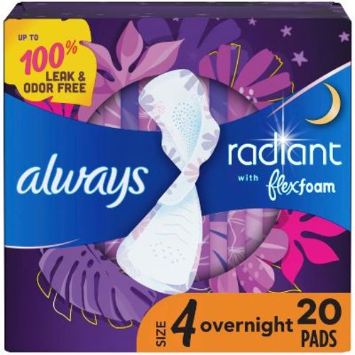 Always Radiant Overnight Sanitary Pads with Wings - Scented - Size 4 - 20ct