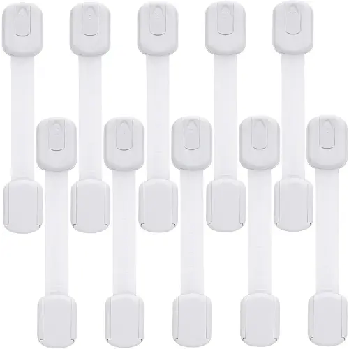 Child Safety Cabinet Locks - (10 Pack) Baby Proofing Latches to Drawer Door Fridge Oven Toilet Seat Kitchen Cupboard Appliance Trash Can with 3M Adhesive - Adjustable Strap No Drill No Tool