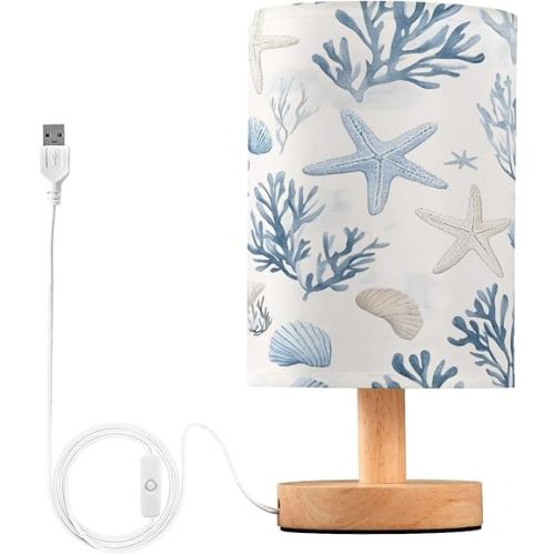 Table Lamp with USB Port Bedside Lamp Coastal Sea Star Coral Nautical Small Nightstand Lamp Desk Lamp for Bedroom Gifts Office Living Room Decor