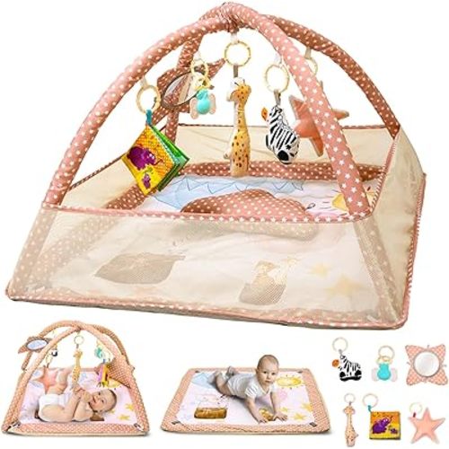 6-in-1 Baby Play Gym Activity Center, Portable Baby Activity Mat with 6 Removable Toys for Motor Skills & Sensory Development, Baby Tummy Time Play Mat for 0-18 Months, Easy Clean & Assemble (Brown)