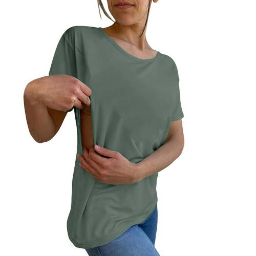 Nursing Breastfeeding Shirts for Maternity Women Summer Comfort Tops Friendly Zip T Shirts Women's Solid Color Round Tie Zipper Loose Casual Short Sleeved Top Army Green L