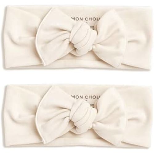 MON CHOU Adjustable Baby Headbands - Set of 2 Organic Cotton Headbands for Baby Girls - Ultra Soft, 100% Pima Cotton Infant Hair Bows (Ivory)