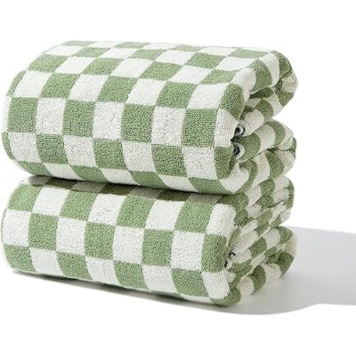Indulge in Luxury with Checkered Bath Towels - 100% Cotton, Super Soft & Absorbent, Fade-Resistant, Cozy, and Perfect for Gifting (2 Towels) (Green)