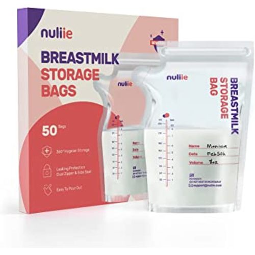 Nuliie 50 Pcs Breastmilk Storage Bags, 8 OZ Breast Milk Storing Bags, BPA Free, Milk Storage Bags with Pour Spout for Breastfeeding, Self-Standing Bag, Space Saving Flat Profile