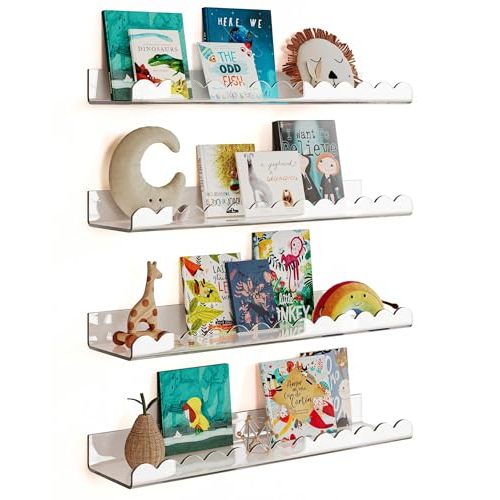 G&W Gruwald 4 Pack Clear 15.7 Inches Acrylic Book Shelf for Kids Room, Floating Kids Book Shelves for Wall, Nursery Book Shelves, Magazine Rack, Picture Ledge (Clear, 15.7)