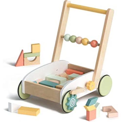 ROBUD Wooden Baby Push Walker, Baby Learning Walking Toys, 1st Birthday 1 2 3 Year Old Boys Girls Gifts, with Wooden Building Block
