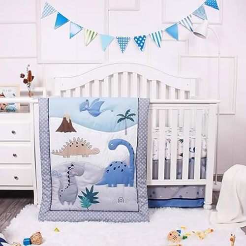 La Premura Baby Crib Bedding Set for Boys – Dinosaur 3 Piece Standard Size Nursery Crib Comforter Set, Grey/Blue - Unisex Baby Nursery Bedding and Neutral Decor