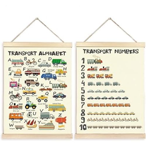 CGBHW Educational Transport Alphabet Numbers Poster Hanger Frame Set of 2 12x16, Vehicle Construction Learning Posters Wall Art Hanging Decor for Toddler Boy Kids Room Playroom Nursery