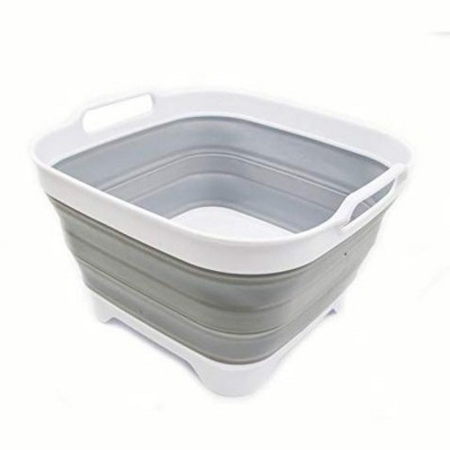 SAMMART 10L  Collapsible Dishpan with Draining Plug, White/Grey