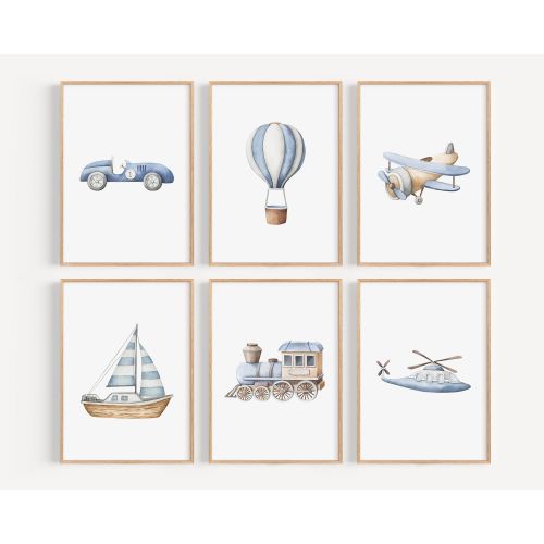 Vehicle art print set Boy car plane train boat hot air balloon Printed and shipped Watercolor print set high archival paper Set of 6 BWT1-A6