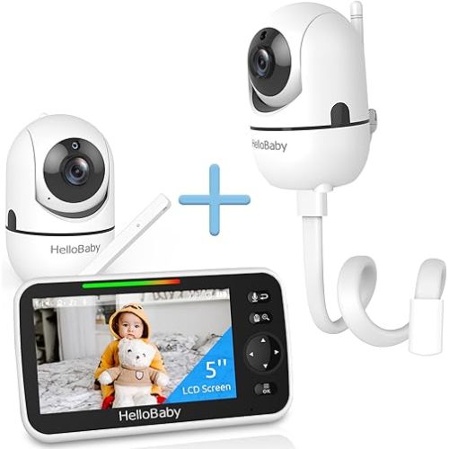 HelloBaby Upgrade 5’’ Baby Monitor 2 Cameras with Mount, 26-Hour Battery, Baby Monitor Mount Without Tools or Wall Damage