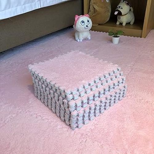 Interlocking Carpet Shaggy Soft EVA Foam Mats Fluffy Area Rugs Protective Floor Tiles Exercise Play Mat for Children Kids Room Home Parlor Bedroom (12 pcs, Light Pink)