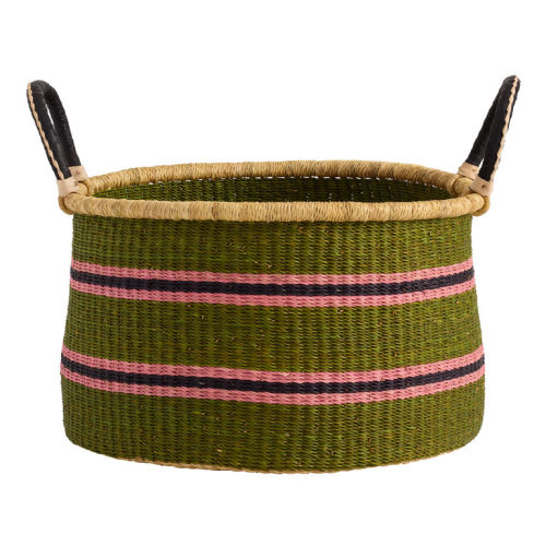 Savannah Large Pink and Green Rattan and Bamboo Tote Basket