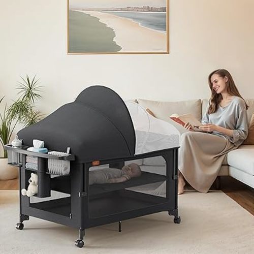 4 in 1 Baby Bassinet, Pack and Play, Bedside Crib Sleeper, Diaper Changer, Quickly Assembled and Folded Portable Crib with Mattress and Mosquito Net, Easy to Carry