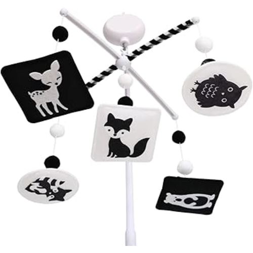 Montessori Mobile, Black and White Mobile for Baby with Music Box - Woodland Baby Crib Mobile for Boys Girls, High Contrast Baby Mobile for Crib with Bear, Deer, Fox, Owl & Raccoon