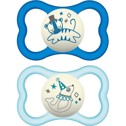 MAM Air Night Pacifiers (1 Sterilizing Pacifier Case), MAM Sensitive Skin Pacifier 6+ Months, Glow in the Dark Pacifier, Best Pacifier for Breastfed Babies, Baby Boy Pacifiers, 6-16 - 2 Ct (Pack of 1)
