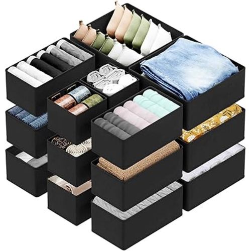 SpaceAid Drawer Organizer for Clothes, 18 Pack Dresser Drawer Organizer Bins, Closet Organizers and Storage Dividers for Clothing, Underwears, Socks (Black)