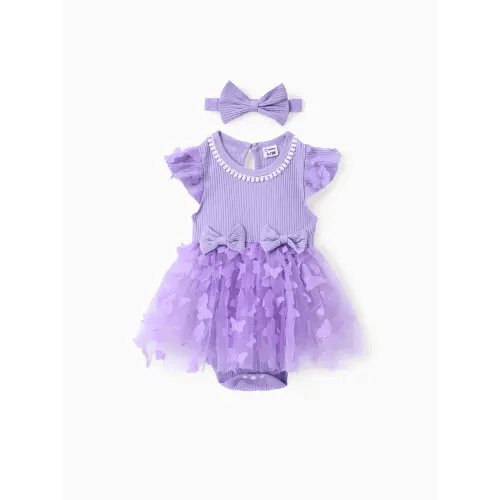 Sweet Baby Girl 2pcs Mesh Cotton Dress Set in Solid Pink with Butterfly and Ruffle Edge Only $19.99 PatPat US Mobile