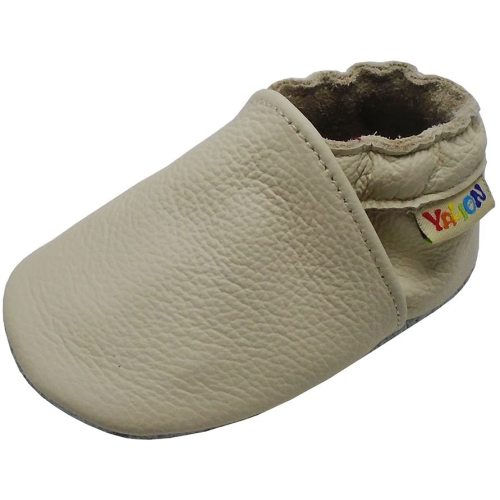 YALION Soft Leather Baby Shoes Moccasins Slip-on Boys Girls Slippers with Elastic Ankle, Anti-Slip First Walking Crib Shoes for Infant Toddlers - 6-12 Months Infant - Beige