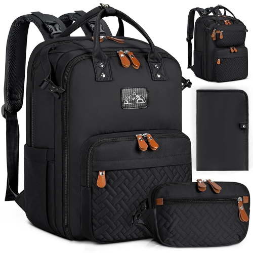 RAINSMORE Diaper Bag Backpack, Large Waterproof Bag with Changing Pad Detachable Crossbody Bag Travel Diaper Backpack Organizer