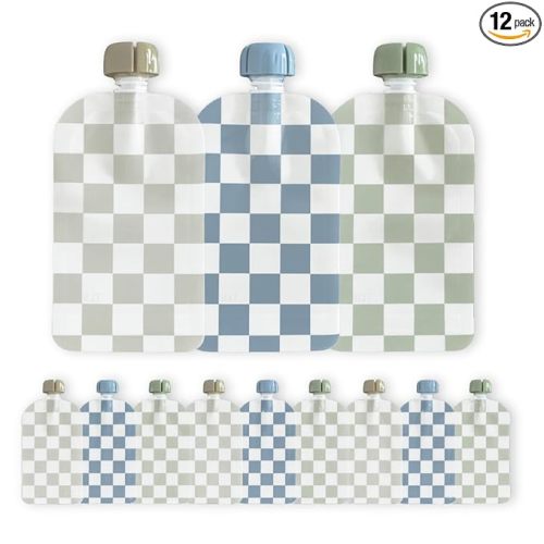 Hippypotamus Reusable Baby Food Pouches for Toddlers - BPA Free Food Grade - Dishwasher & Freezer Safe - Baby Food Containers - Refillable Squeeze Pouch For Applesauce & Yogurt - 12 Pack (Checkered)