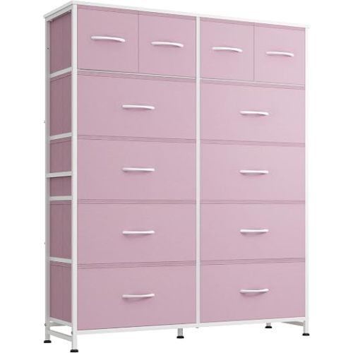 WLIVE Pink Fabric Dresser for Bedroom, 12 Drawer Dressers, Chest of Drawers