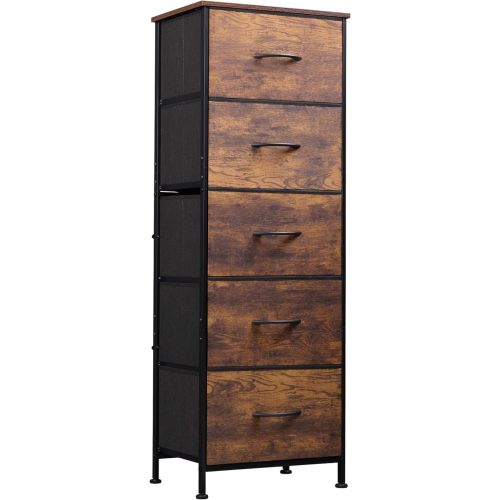WLIVE Fabric Dresser, 5-Drawer Tall Dresser for Bedroom, Storage Organizer with Fabric Bins, Wood Top, Sturdy Steel Frame, Chest of Drawers for Closet, Hallway, Rustic Brown Wood Grain Print